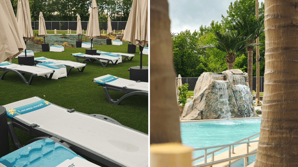 Les duos de chaises longues. Droite : La chute de la piscine.