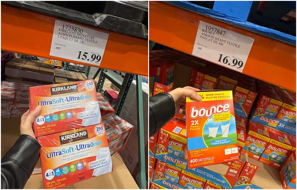 Les feuilles d\u2019assouplissant textile de la marque Kirkland Signature au Costco. Droite : Les feuilles d\u2019assouplissant textile de la marque Bounce au Costco