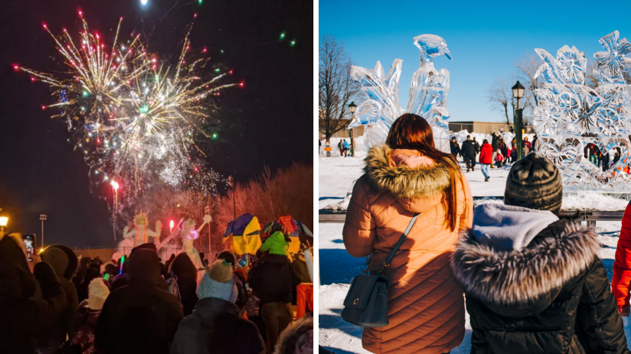 Les feux d'artifice du Fest-Hiver de Brossard. Droite : Des sculptures de glace au Fest-Hiver de Brossard.