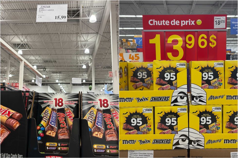 Les formats \u00ab full size \u00bb de chocolats Twix, Mars, Snickers et M&M's au Costco. Droite : Les mini formats de chocolats Twix, Mars, Snickers et M&M's au Walmart.