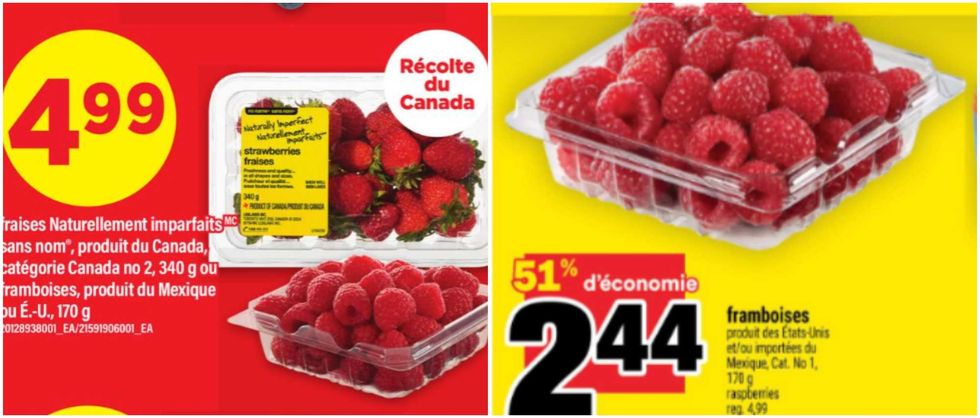 Les framboises dans la circulaire du Super C. Droite : Les framboises dans la circulaire du Maxi.
