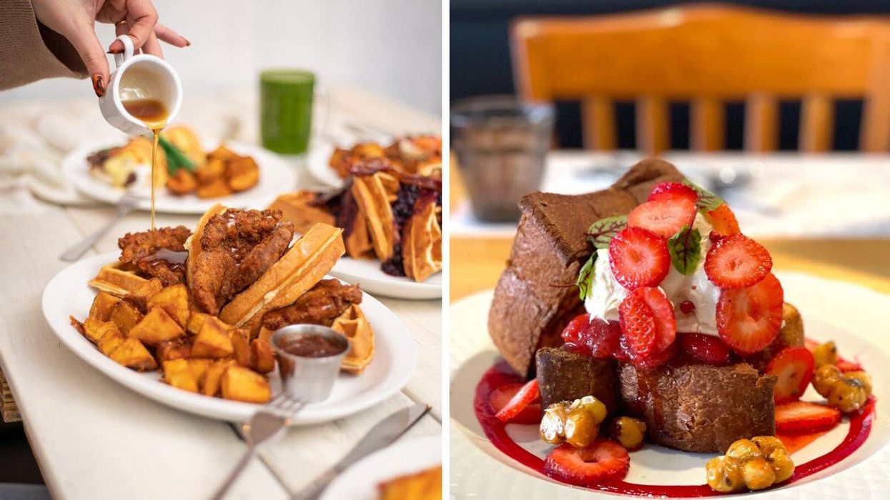 Les gaufres au poulet frit du Fabergé. Droite : Les pains doré du Régine.