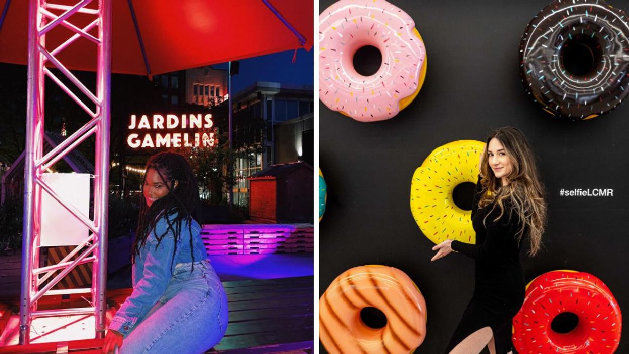 Les Jardins Gamelin dans le Quartier des spectacles. Droite : L'exposition « selfie » dans les Cours Mont Royal.