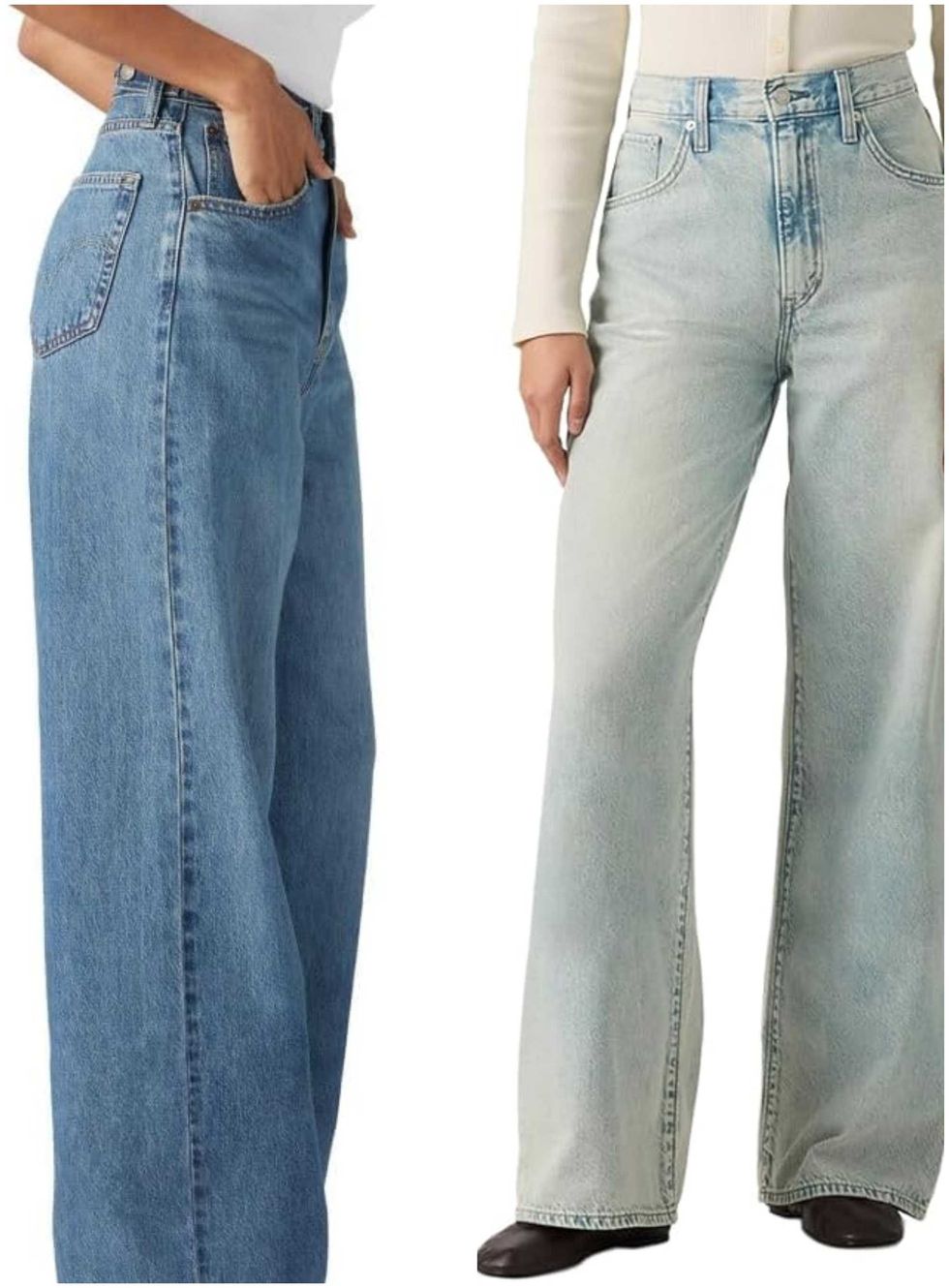 Les jeans bleu fonc\u00e9 baggy cinch pour femme de Levi\u2019s sur Amazon Canada. Droite : Les jeans d\u00e9lav\u00e9s baggy cinch pour femme de Levi\u2019s sur Amazon Canada.