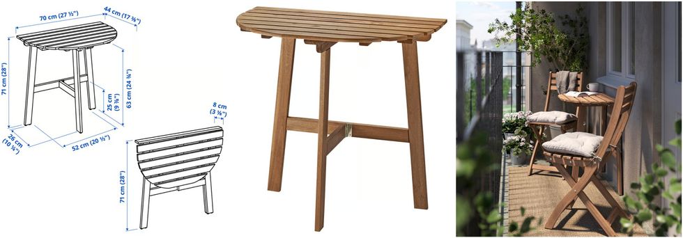 Les mesures de la table. Centre : La table ASKHOLMEN du IKEA. Droite : La table ASKHOLMEN sur un balcon avec des chaises.
