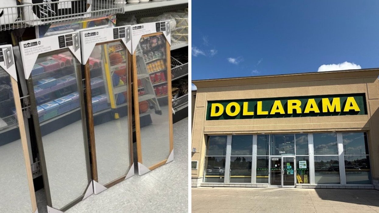 Les miroirs. Droite : Devanture d'un Dollarama.