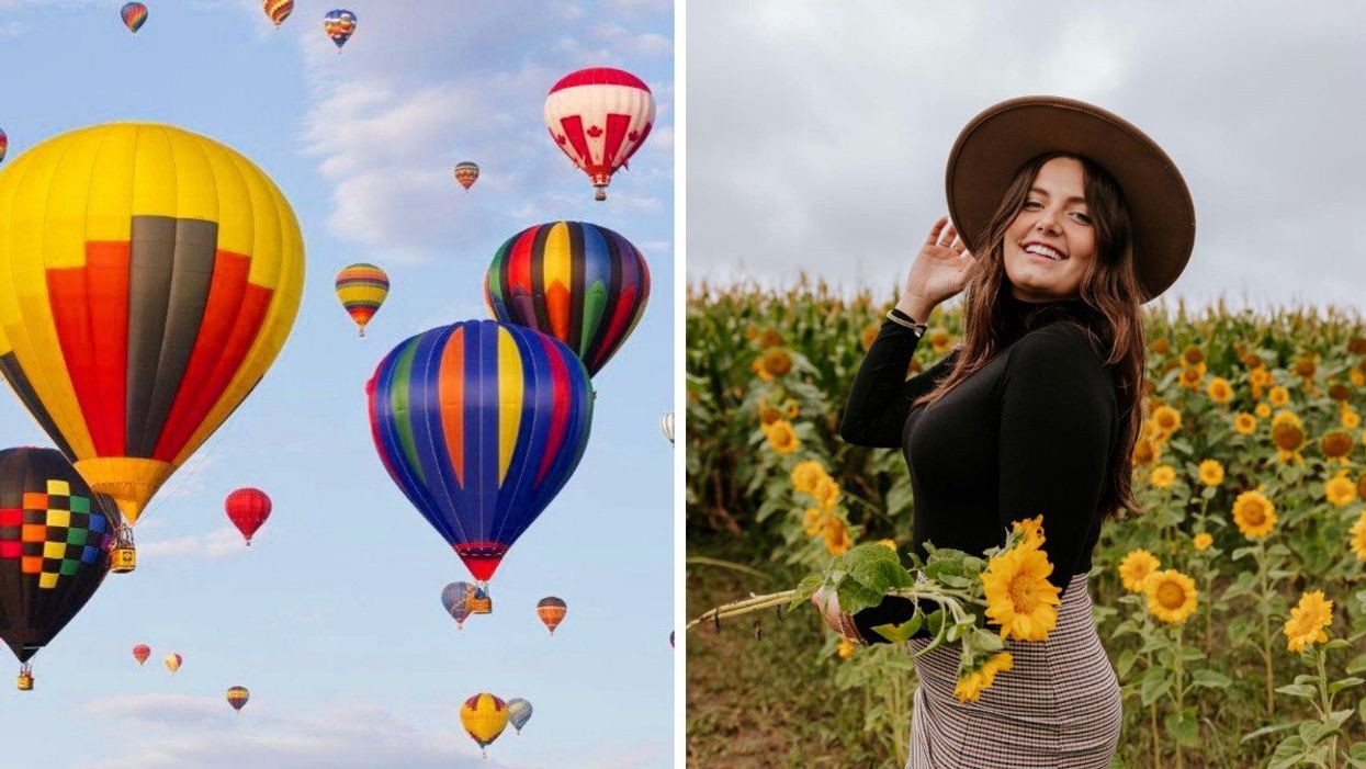 Les montgolfières de l'International dans le ciel. Droite : Une femme dans le champ de tournesol du Domaine Vinēterra.