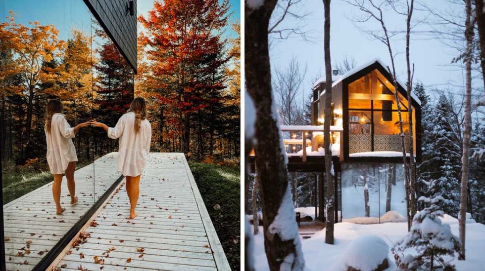 Les parois vitr\u00e9es du rez-de-chauss\u00e9e refl\u00e8tent les arbres aux couleurs de l'automne. Droite : Le chalet l'hiver.