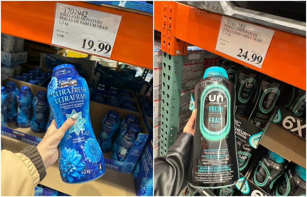 Les perles de parfum pour la lessive de la marque Kirkland Signature au Costco. Droite : Les perles de parfum pour la lessive de la marque Downy au Costco