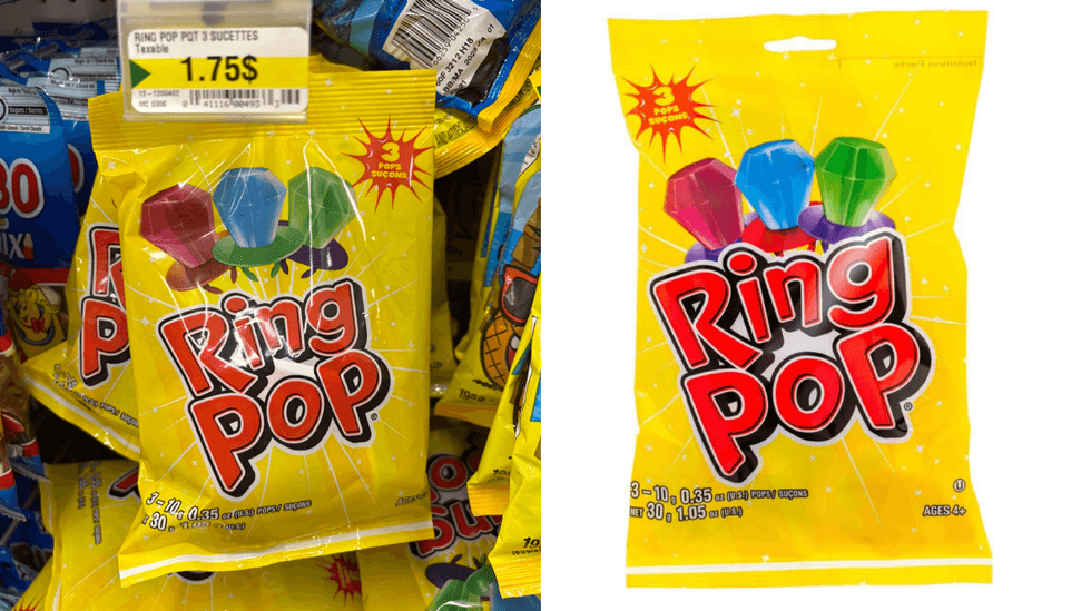 Les Ring Pop sur les tablettes du Dollarama. Droite : Les Ring Pop sur le site internet de Walmart.