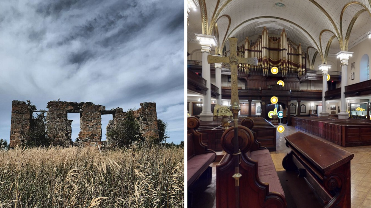 Les ruines de la Maison-Hantée-de-Notre-Dame-des-Neiges. Droite : L'orgue de la Cathédrale Holy Trinity.