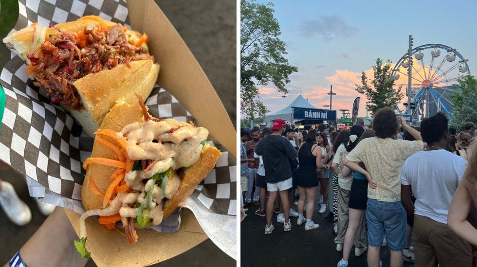 Les sandwichs b\u00e1nh m\u00ec \u00e0 Osheaga. Droite : La foule dans l'espace bouffe d'Osheaga.