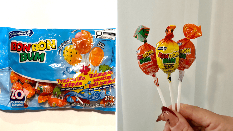Les su\u00e7ons Bon Bon Bum Tropical Mix de la marque Colombina. Droite : Les su\u00e7ons Bon Bon Bum, une friandise dure fruit\u00e9e avec un centre en gomme \u00e0 bulle.