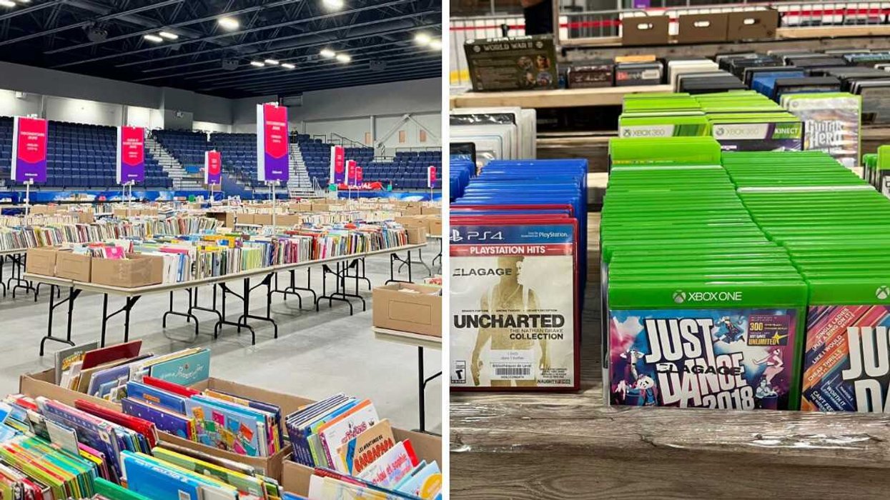 Les tables de la bibliovente de Laval. Droite : Des jeux Xbox vendus à la bibliovente de Laval.