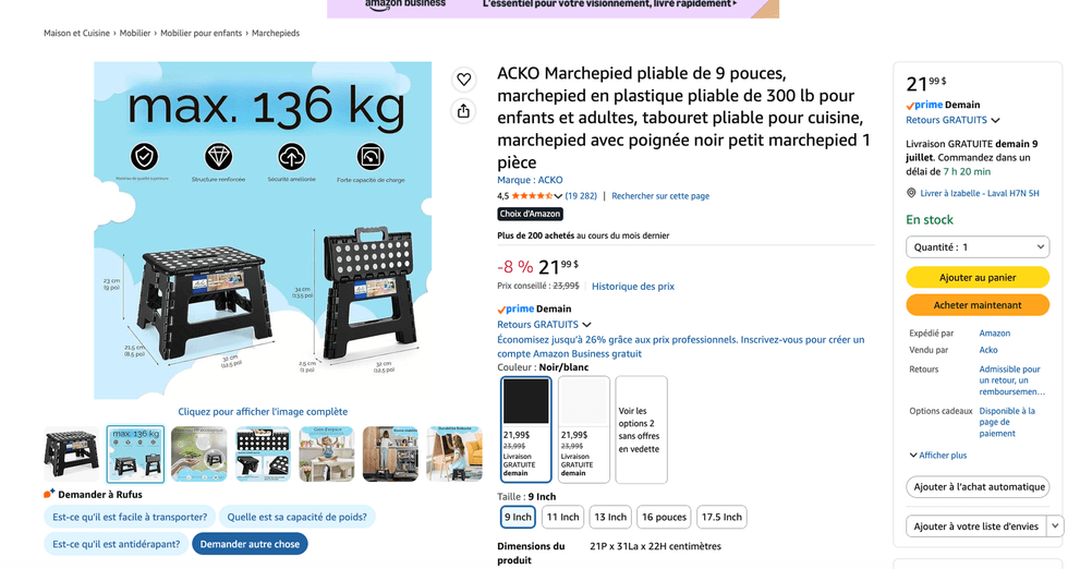Les tabourets pliants d'Amazon Canada \u00e0 plus de 20 $.