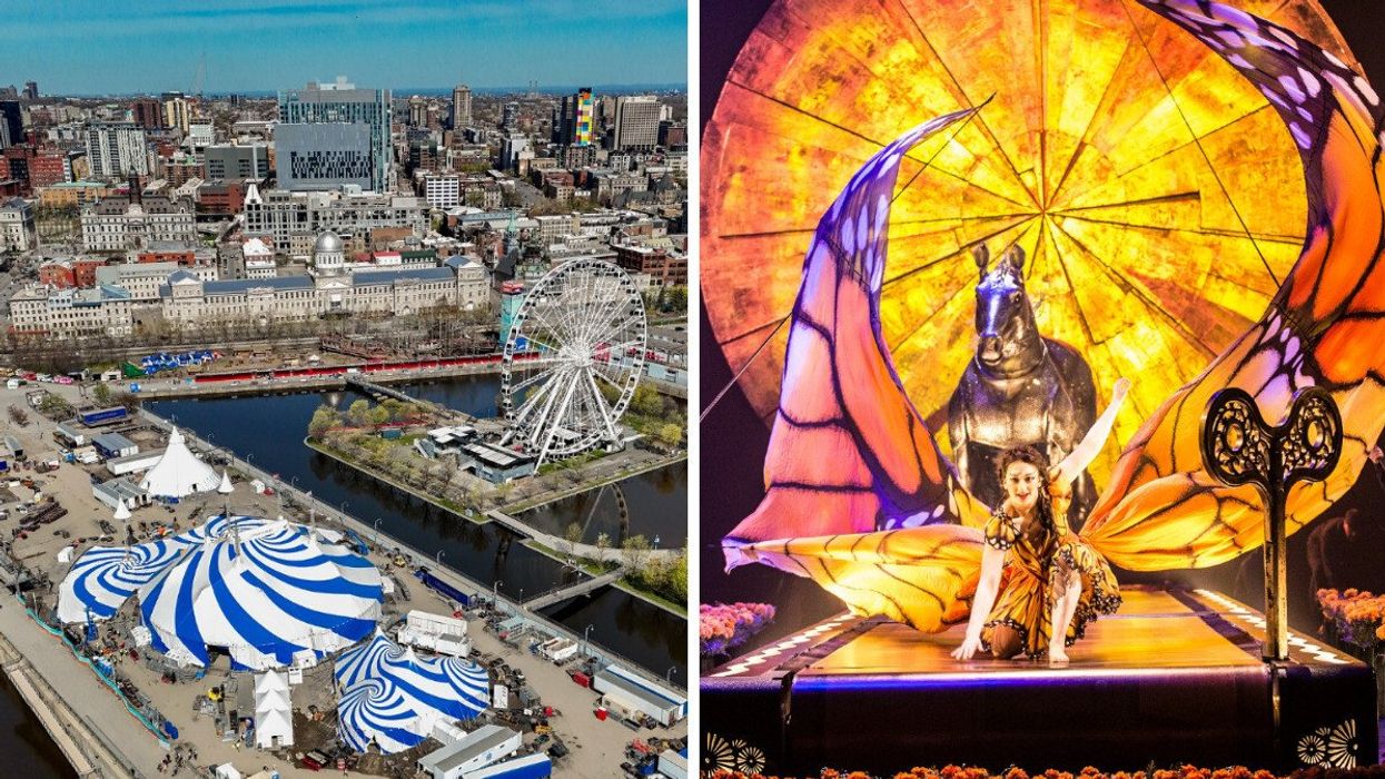 Les tentes du Cirque du Soleil dans le Vieux-Port. Droite : Le spectacle Luzia du Cirque du Soleil.