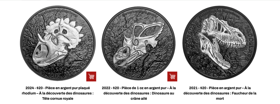 Les trois pi\u00e8ces de la Monnaie royale canadienne de la collection \u00c0 la d\u00e9couverte des dinosaures.