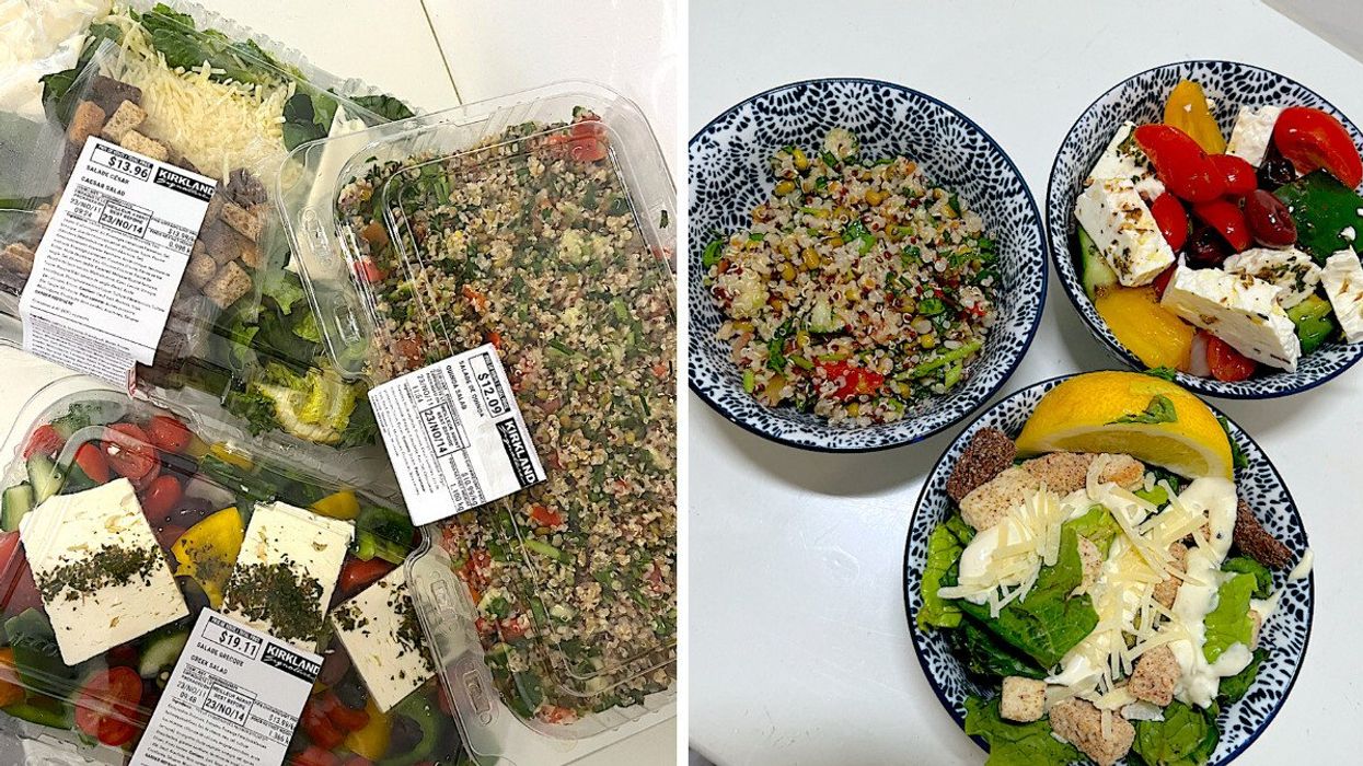 Les trois plats de salades prêtes-à-manger dans des contenants en plastique transparent. Droite : Les trois salades dans des petits bols.