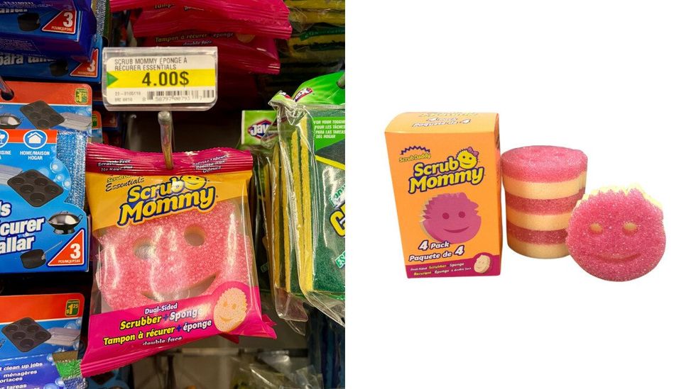 Les \u00e9ponges Scrub Mommy au Dollarama. Droite : L'ensemble de 4 au Canadian Tire.