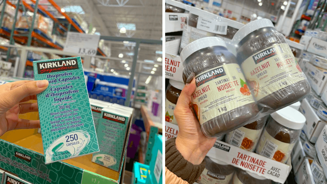 L’ibuprofène en capsules liquides de la marque Kirkland Signature au Costco. Droite : La tartinade de noisette de la marque Kirkland Signature au Costco