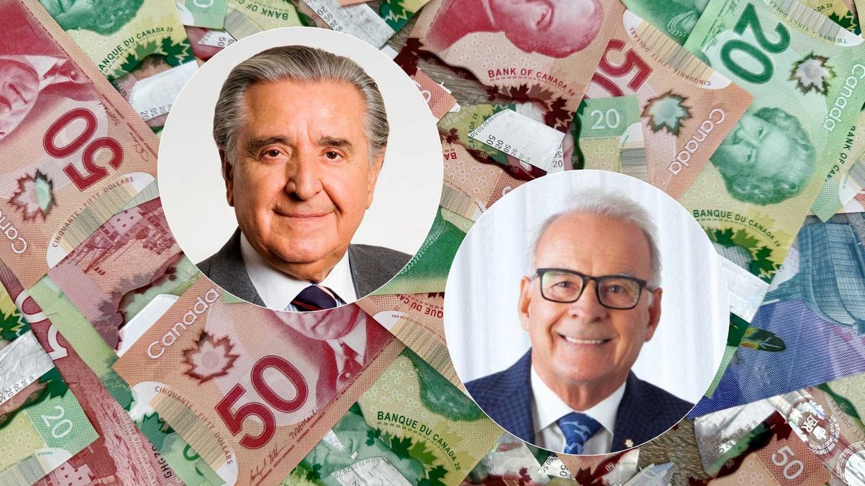 Lino Saputo et Alain Bouchard sur un fond d'argent canadien.