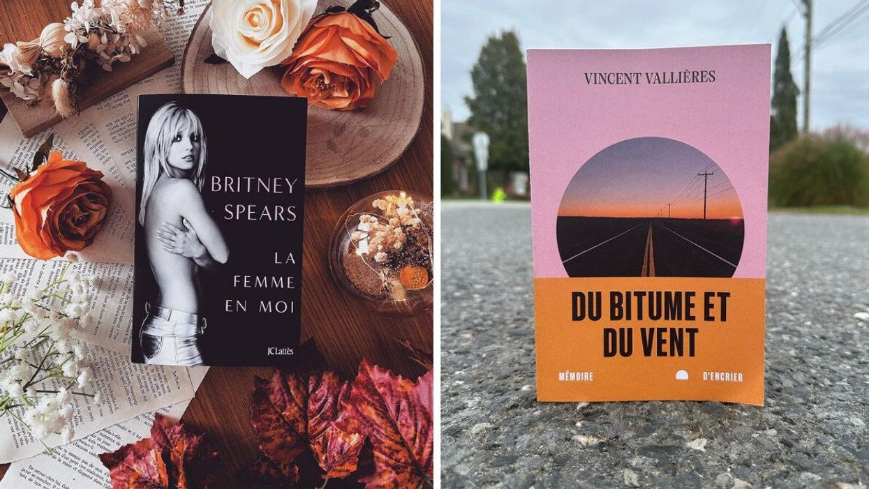 Livre « La femme en moi » de Britney Spears, couverture noire avec image de la chanteuse en noir et blanc. Droite : Le livre rose et orange avec une route « Du bitume et du vent » de Vincent Vallières.