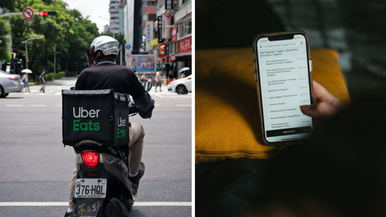 Livreur Uber Eats, Droite : Application Uber Eats.
