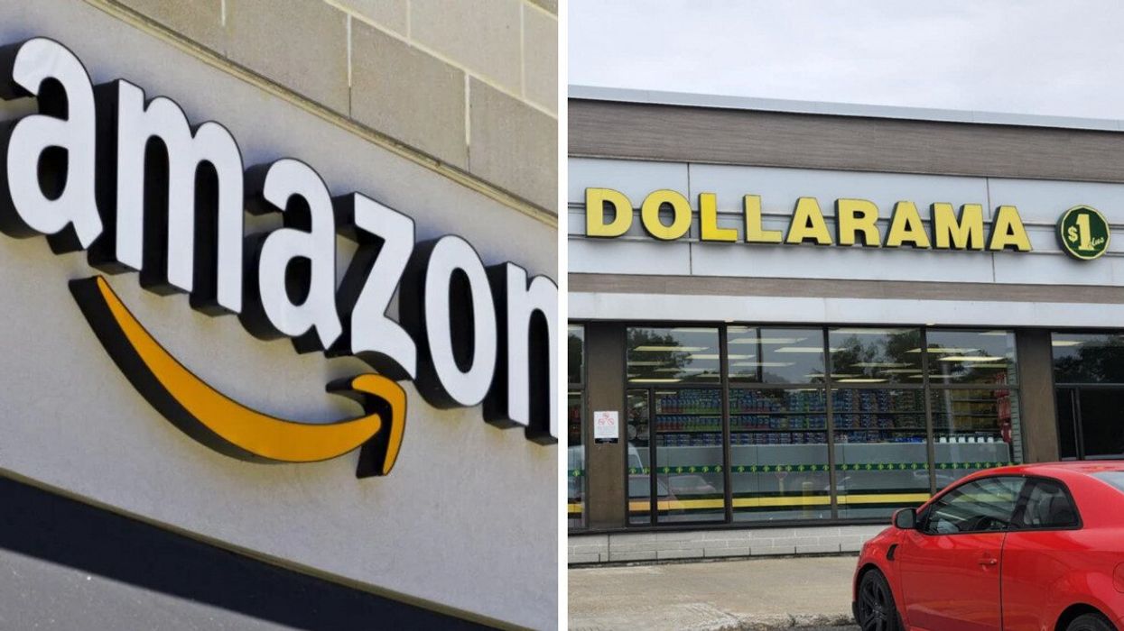 Logo Amazon. Droite : Devanture du Dollarama.