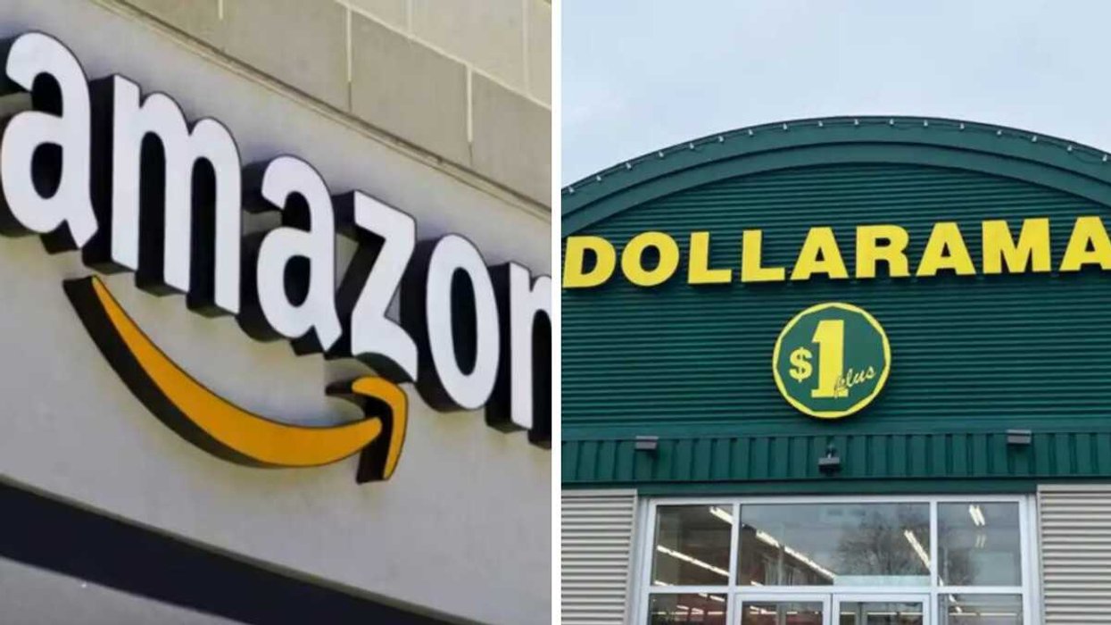 Logo Amazon. Droite : Devanture du Dollarama.