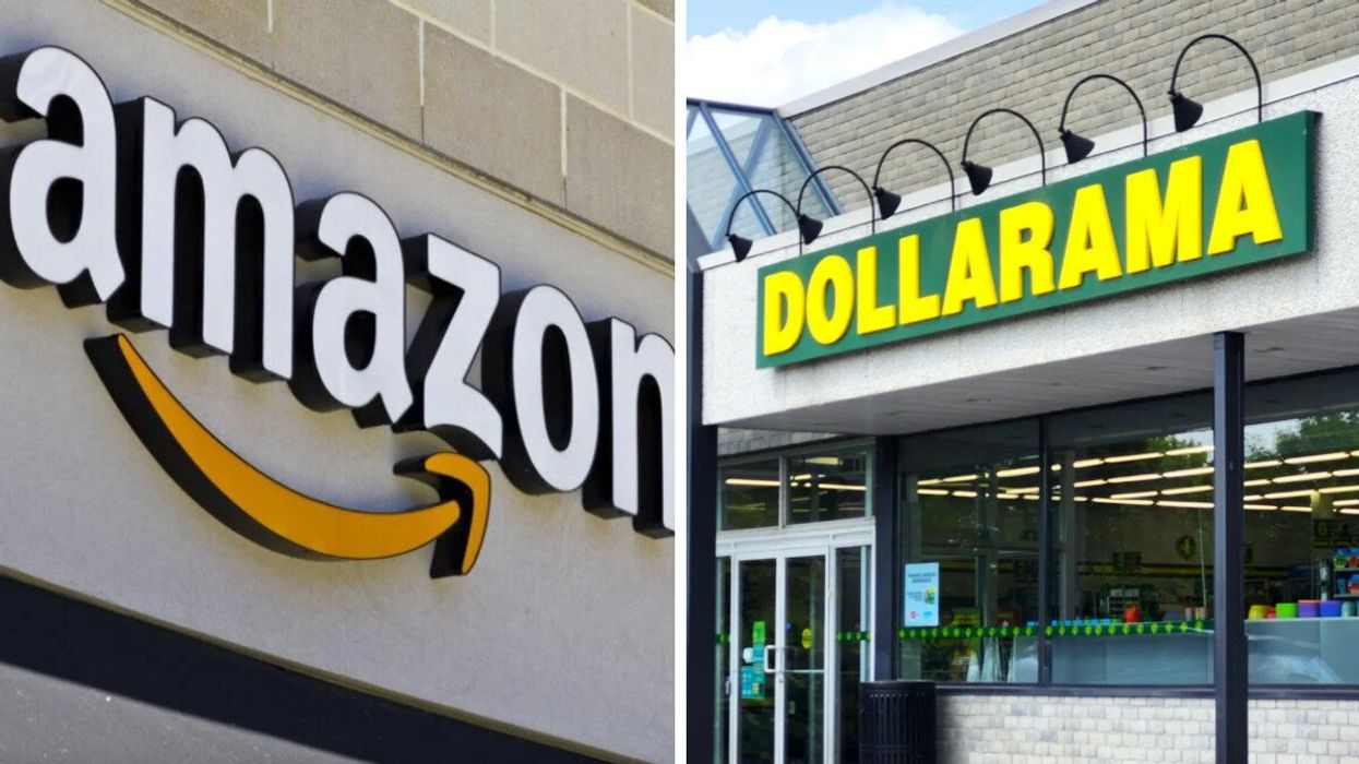 Logo d'Amazon. Droite : La façade d'un Dollarama au Québec.