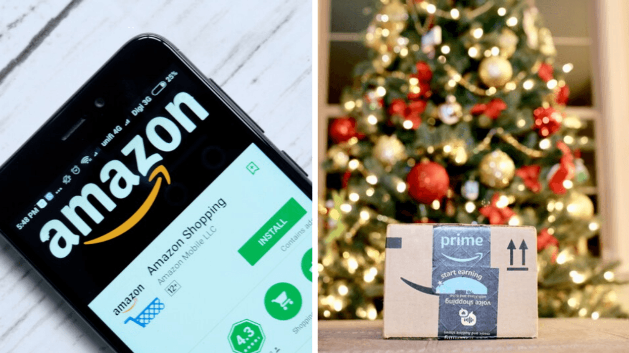 Logo d'amazon sur un téléphone. Droite : boîte Amazon Prime.