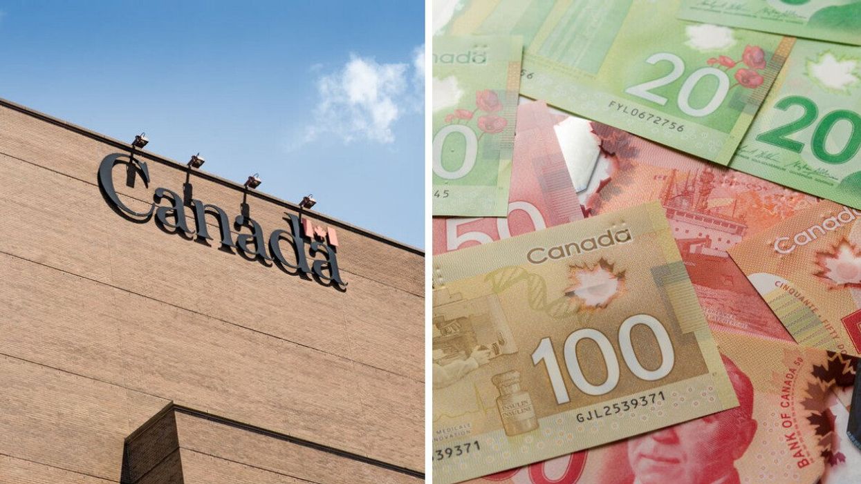 Logo du gouvernement du Canada sur un édifice gouvernemental. Droite: des billets d'argent canadien.