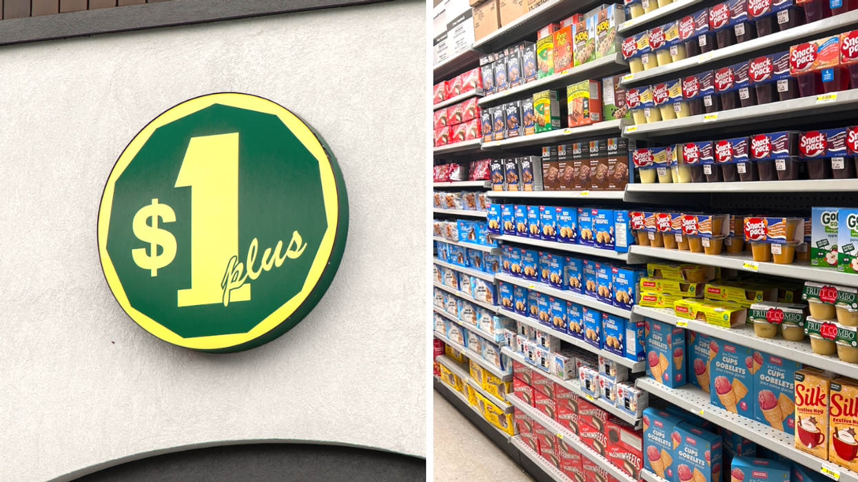 Logo vert et jaune du Dollarama. Droite : Un des rayons alimentaire du Dollarama.