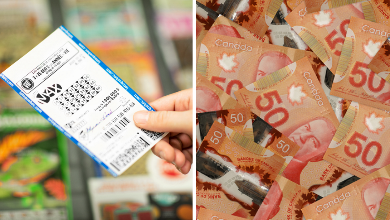 Lotto Max. Droite : Des billets de 50 $ CAD.