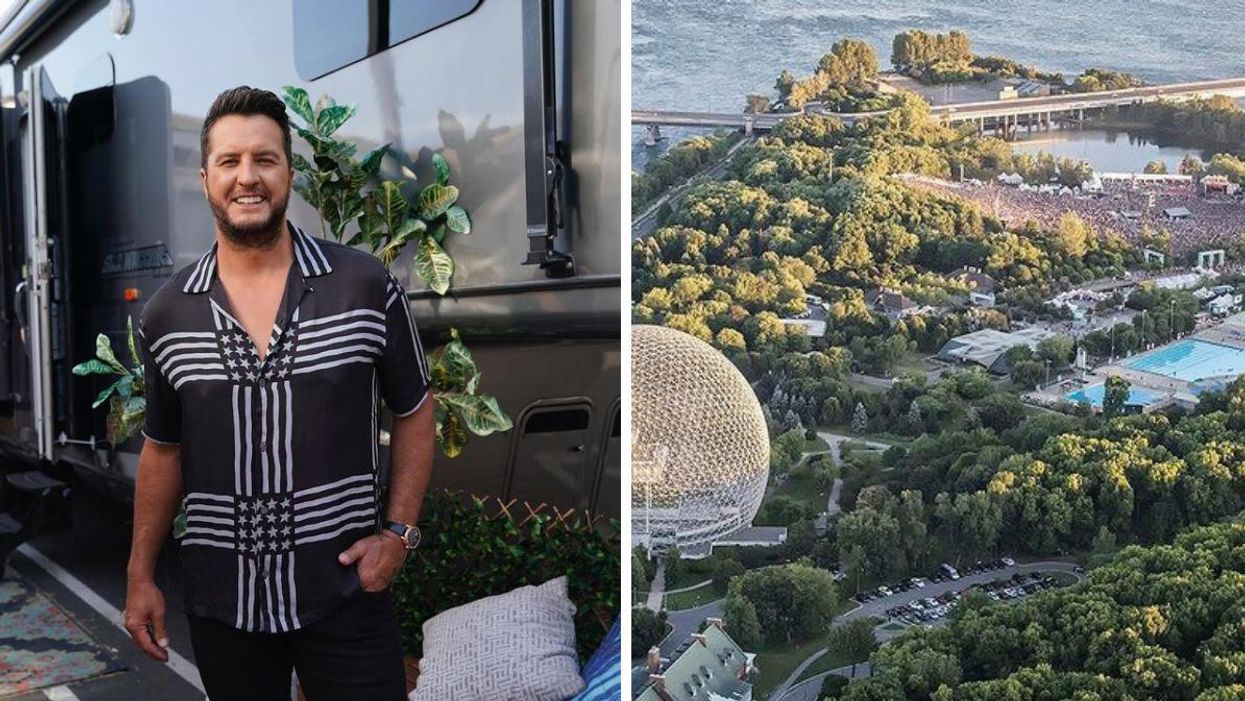 Luke Bryan devant une roulotte. Droite : Le parc Jean-Drapeau.