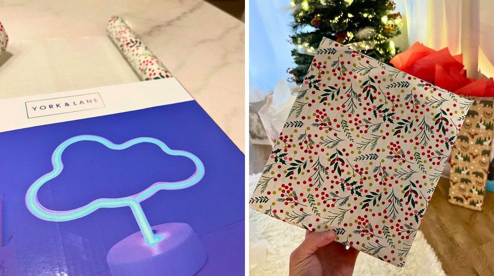 Lumi\u00e8re n\u00e9on en forme de nuage. Droite : Lumi\u00e8re n\u00e9on en forme de nuage emball\u00e9e dans un papier aux motifs festifs.