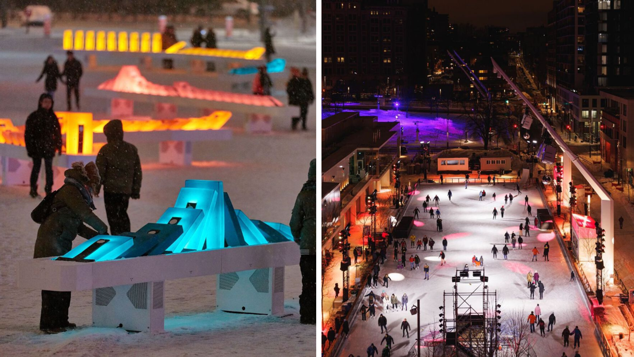 Luminothérapie. Droite : Patinoire Esplanade Tranquille.