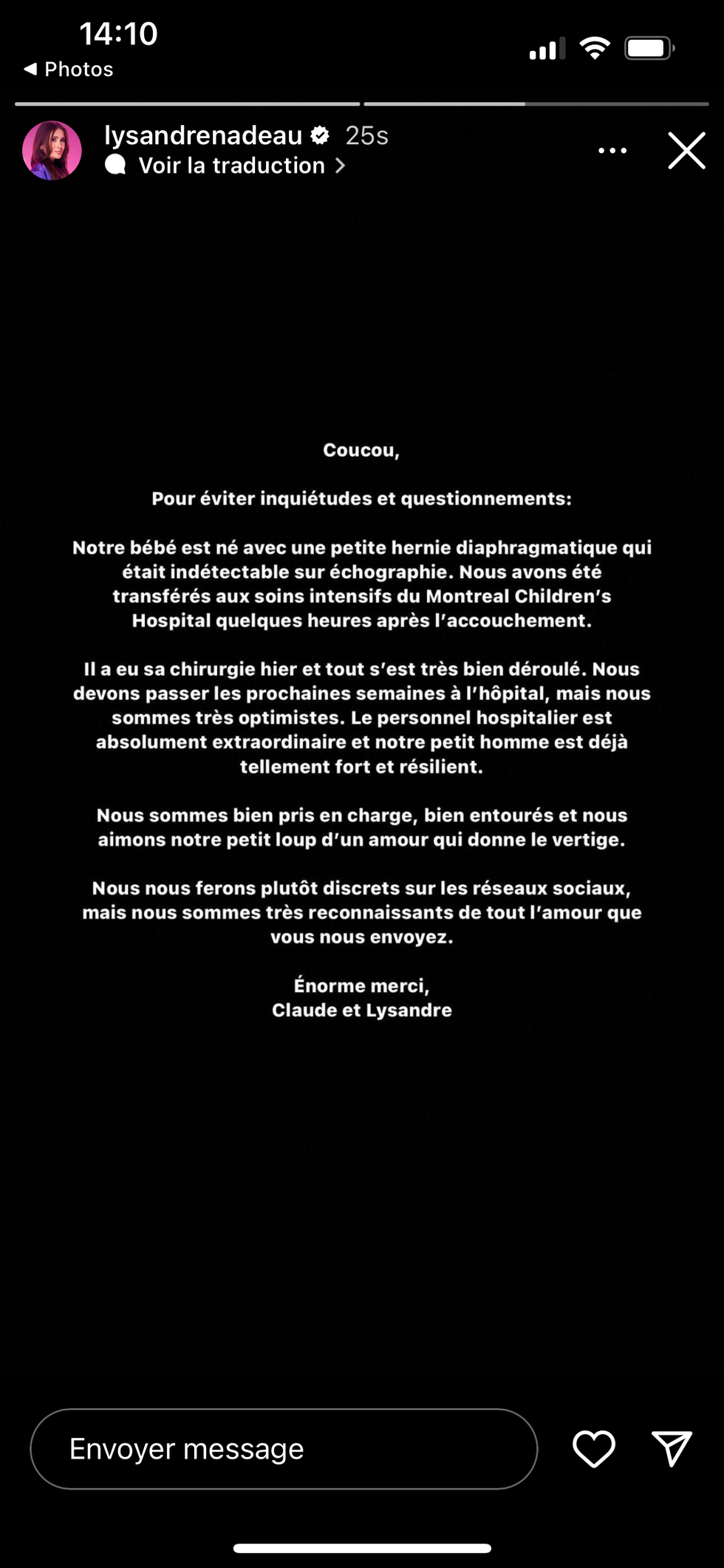 Lysandre Nadeau donne des nouvelles de son b\u00e9b\u00e9.