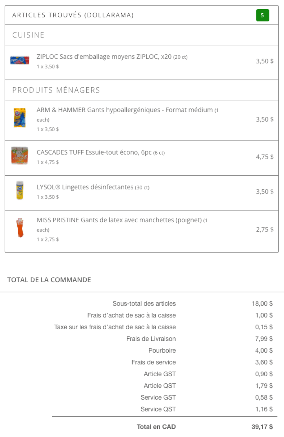 Ma facture sur le site de vente en ligne du Dollarama.