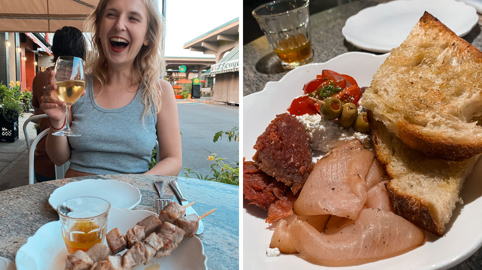 Ma\u00eflys et des brochettes de thon albacore. Droite : Charcuterie de poissons.