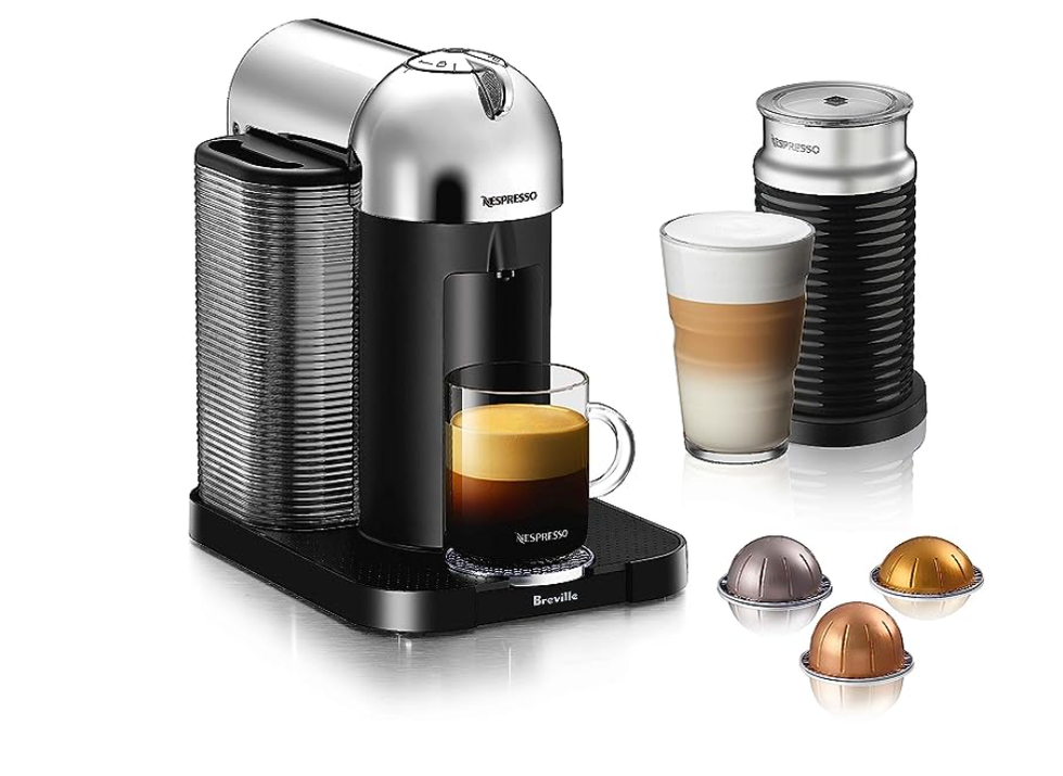 Machine \u00e0 caf\u00e9 et expresso Nespresso Vertuo avec mousseur \u00e0 lait Aeroccino Chrom\u00e9.