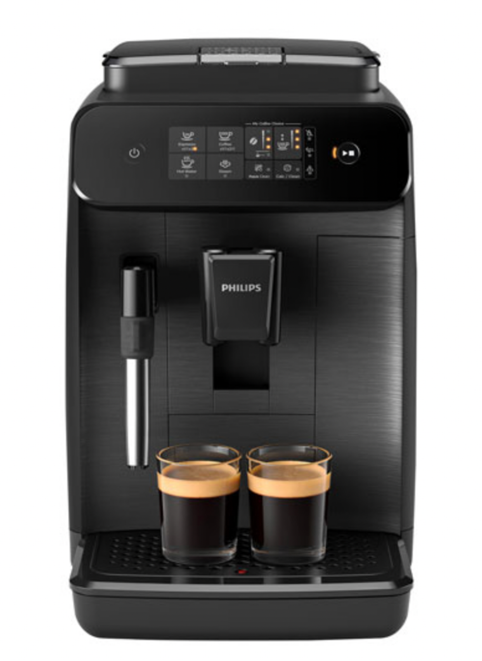 Machine \u00e0 espresso automatique noire de Philips avec moussoir \u00e0 lait et caf\u00e9s \u00e0 titre indicatif.