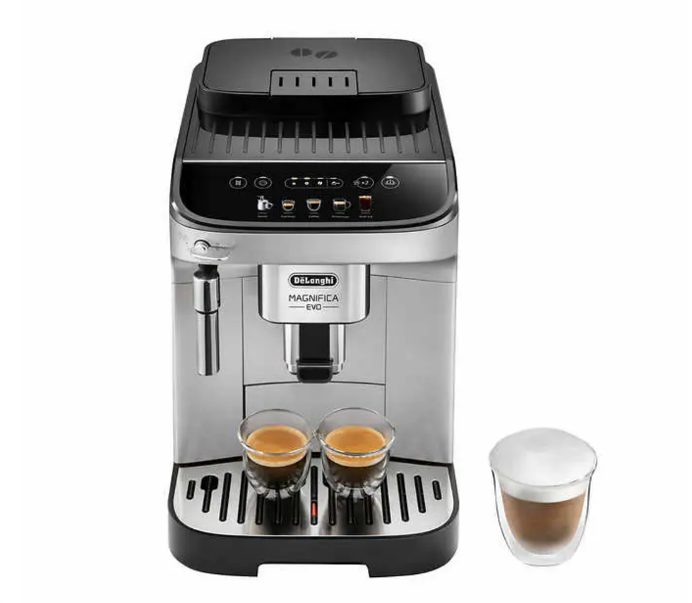 Machine \u00e0 expresso et caf\u00e9 avec mousseur \u00e0 lait r\u00e9glable De'Longhi Magnifica Evo avec verres \u00e0 caf\u00e9