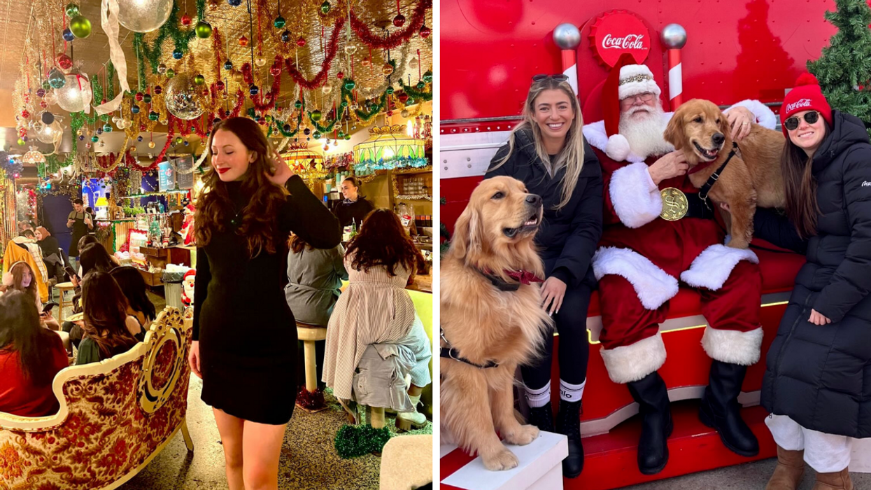 Madelin au Petit Dep pour la Taverne de Noël. Droite: Des gens qui rencontrent le père Noël de la caravane Coca-Cola.