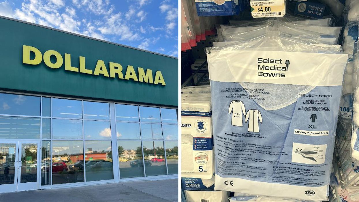 Magasin Dollarama. Droite : Jaquette d'hôpital au Dollarama.