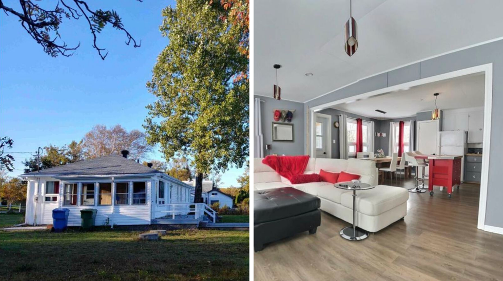 Maison. Droite : Aire ouverte salon et cuisine.