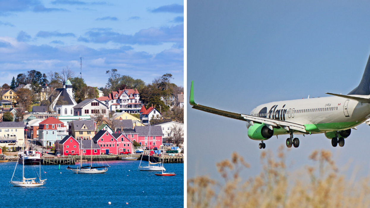 Maison en Nouvelle-Écosse. Droite : Avion Flair Airlines.