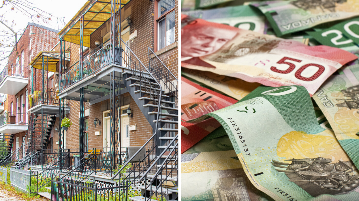 Maisons à Montréal. Droite : Billets d'argent canadien.