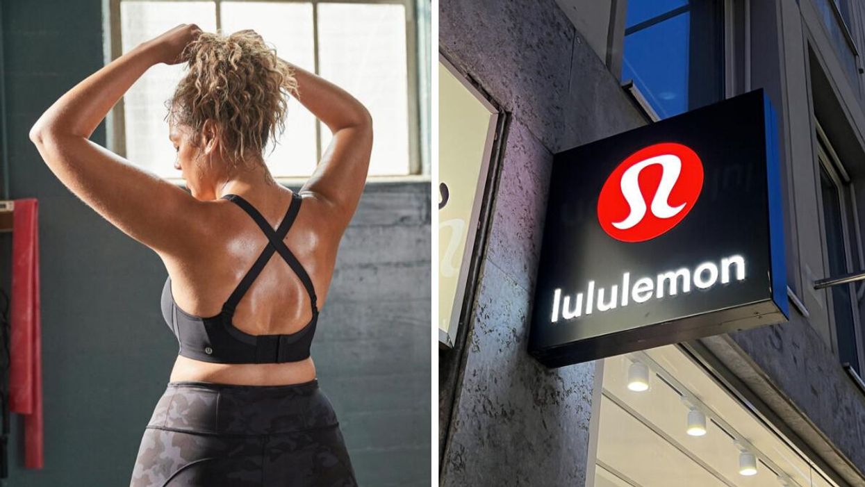 Mannequin lululemon. Droite : Enseigne lululemon.