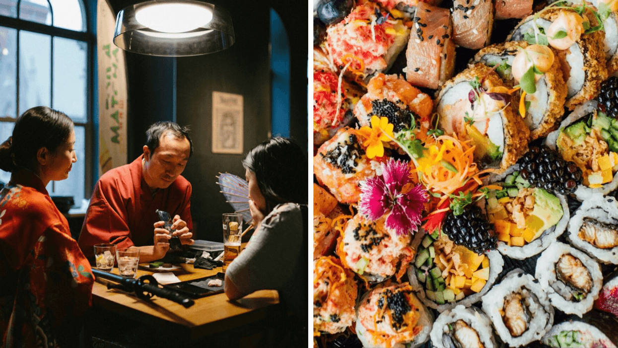 Marchand démonstration. Droite : Sushis.